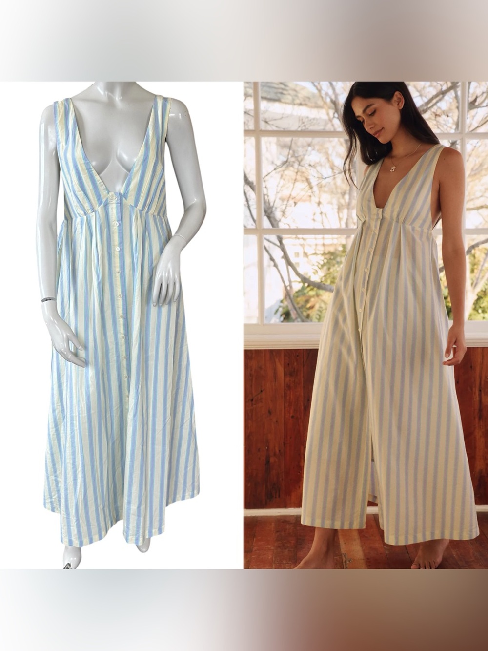 Anthropologie Lyrebird Butter Yellow Striped Longline Cotton Maxi Dress Medium